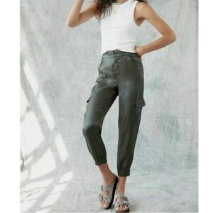 Anthropologie Olive green silky satin shimmer joggers Cargo Pants women’s Large